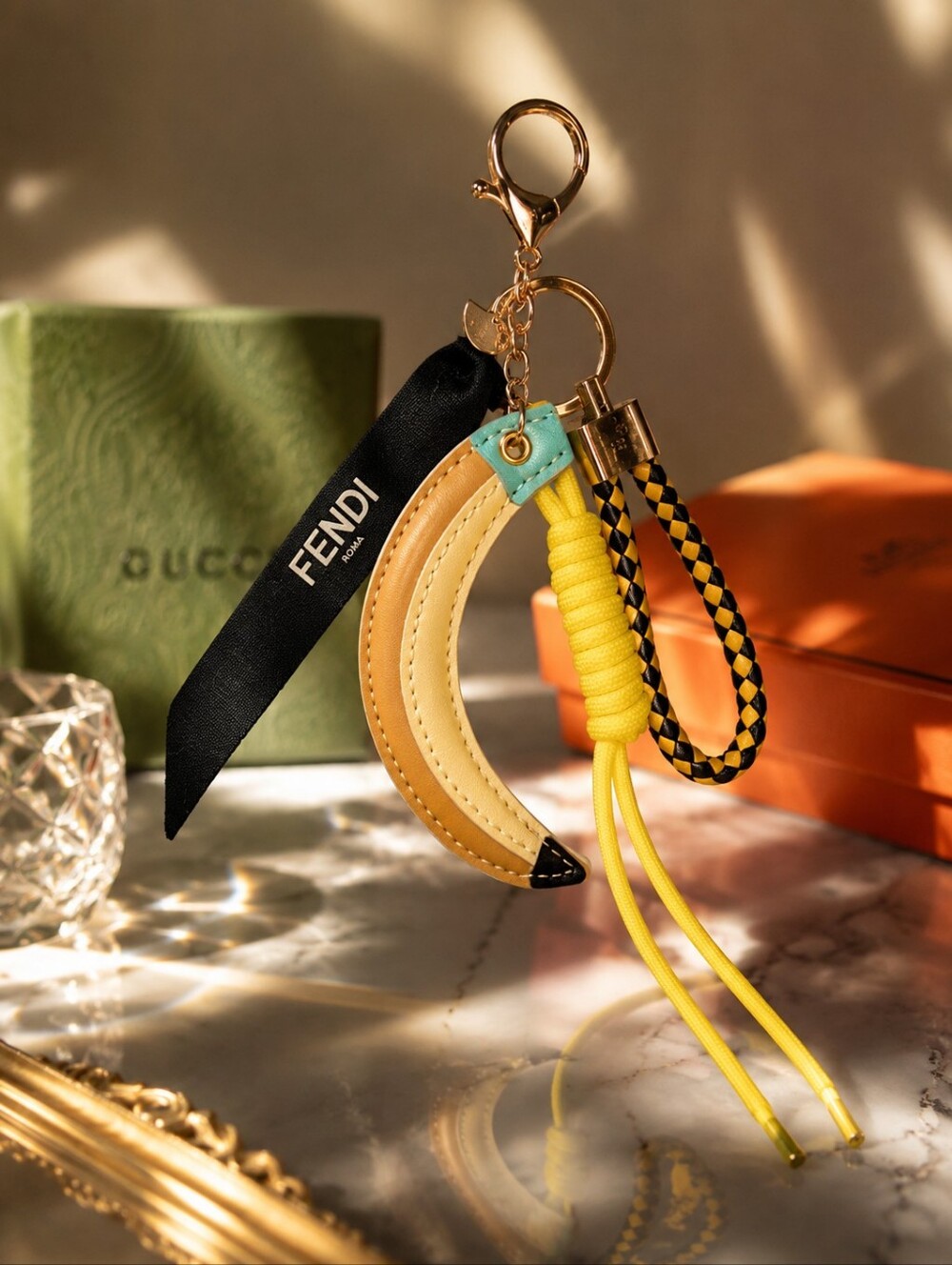 Handmade FENDI ribbon Accent Banana Yellow Rope Keychain Bag Charm - Picture 8 of 8